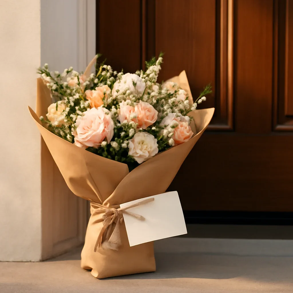 Doorstep flower delivery with carefully wrapped bouquet and handwritten card