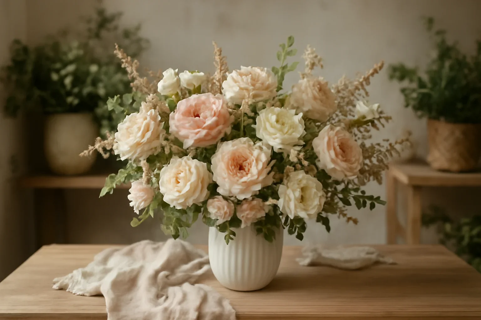 Seasonal bouquet in soft blush, ivory, and peach tones on a styled florist table